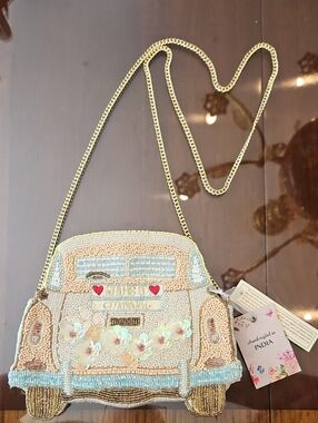 Handcrafted Pearl-Embellished Cream Car Crossbody Bag